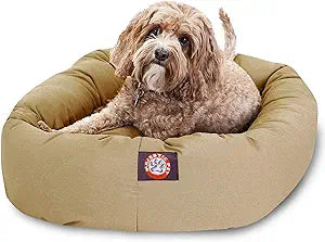Majestic Pet 32 Inch Bagel Calming Dog Bed Washable Cozy Soft Round Pet Bed with Spine Support for Dogs to Rest their Head - Fluffy Donut Puppy Bed 32x23x7 (Inch) - Medium Khaki