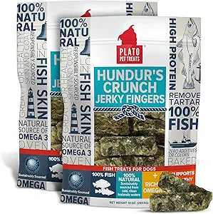 PLATO Pet Treats Fish Dog Treats - Air-Dried, Single Ingredient Dog Treat - with Omega 3 & 6 Fatty Acids to Support Skin and Coat - Cod Fish Skin - Hundur s Crunch Jerky Fingers - 10 oz - 2 Pack