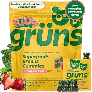 Gruns Multivitamin for Kids, Super Greens Gummies, Superfood Gummy Bears with 20+ Vitamins & Minerals, Spirulina, Chlorella, Alfalfa, Prebiotics Fiber for Digestive Health, Adaptogens Supplement, 28ct