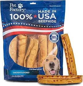 Pet Factory 100% Made in USA Beefhide 8' Rolls Dog Chew Treats - Chicken Flavor, 15 Count/1 Pack
