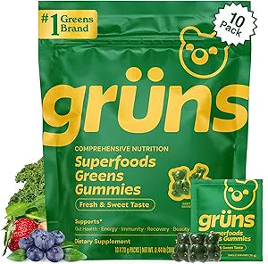 Gruns Adults Super Greens Gummies, Multivitamin Superfood Gummy Bears, Spirulina, Chlorella, Prebiotics & Fiber Gummies for Digestive Health, Adaptogens Supplement, 20 Vitamins & Minerals, 10 Count