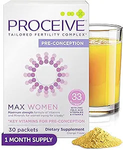 Proceive Max Tailored Fertility Supplement for Women, Pre Conception Vitamins, Minerals, and Amino Acids with Vitamin D, Zinc, Myo Inositol, and Folate, 30 Vegan Drink Mix Packets, Orange Flavor