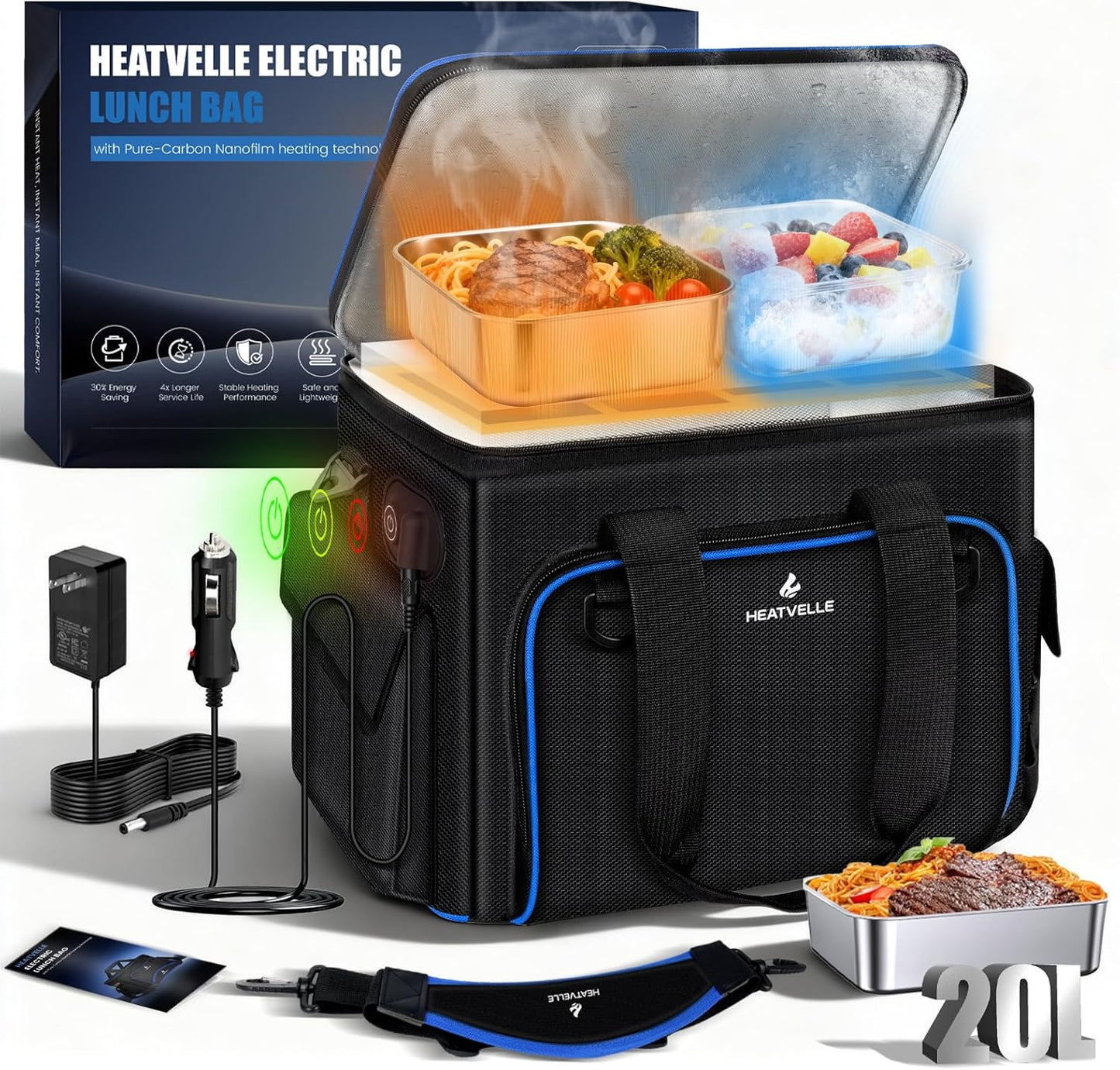 20L Heated Lunch Box Insulated Lunch Bag, 3-Temp Adjustable Electric Lunch Box for Adults, 12V/24V/110V Portable Food Warmer Microwave for Truck/Car/Work/Travel, Lonchera El ctrica Port til