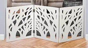 Safety Pet Gate for Dogs Free-Standing & Foldable - Decorative Scroll Wooden Fence Barrier Stairs & Doorways (White)