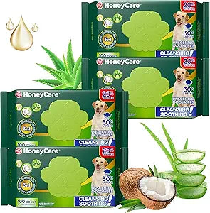 HONEY CARE Disposable Pet Wipes for Dogs & Cats Cleansing & Soothing, Fragrance-Free, 100 Wipes for Paws, Butt & Body Cleaning(100 Pcs/4Packs