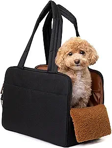 Black Dog Purse Carrier for Small Dogs Cotton Padded Interior, Multiple Pockets, Breathable Mesh & Comfortable Strap, Durable Polyester Travel Bag, Lightweight Cat Carrier, Versatile Small Pet Bag