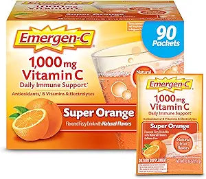 Emergen-C 1000mg Vitamin C Powder for Daily Immune Support Caffeine Free Vitamin C Supplements with Zinc and Manganese, B Vitamins and Electrolytes, Super Orange Flavor - 90 Count/3 Month Supply