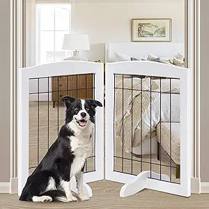 LZRS 2-Panel Freestanding Adjustable Wooden Dog Gate 30 Tall Foldable Pet Barrier with Support Feet, Solid Hardwood & Chew-Resistant Steel Wire for Doorways, Hallways, and Stairs, White