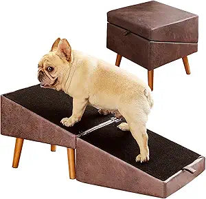 Dog Stairs for Small Dogs and Cats, Dog Ramp for Couch and Bed, Foldable 2-in-1 Wooden Pet Steps for Puppy, Split Ottoman Design Brown