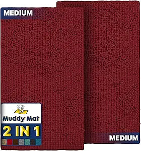 Muddy Mat 2-Piece Red Medium 30'X19' AS-SEEN-ON-TV Highly Absorbent Microfiber Door Mat, Bath Mat and Pet Rug, Non Slip Thick Washable, Soft Chenille for Kitchen Bathroom Bedroom Indoor and Outdoor