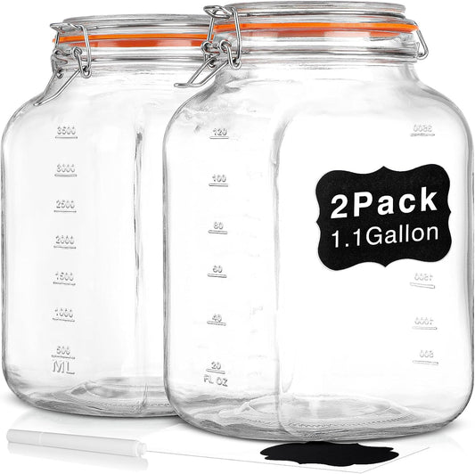 [UPGRADE] 2 Pack Square Super Wide Mouth Airtight Glass Storage Jars with Lids, 1.1 Gallon Glass Container with 2 Measurement Marks, Canning Jars with Leak-proof Lid for Kitchen (Spare Gasket)