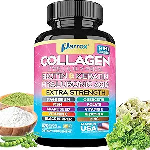 Collagen Peptides Types I, II, III, V & X, MCG Biotin, Keratin, Hyaluronic Acid, MSM, Zinc, Grape Seed Extract, Quercetin, Vitamin A, Vitamin C, Vitamin E, Magnesium, Folic Acid (270 Capsules)