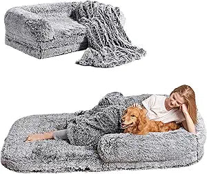 EHEYCIGA Foldable Human Dog Bed, 72'x44'x11' Orthopedic Memory Foam Human Sized Dog Bed, Waterproof Pet Bed for People, Faux Fur Pet Couch for Adult with Non-Slip Bottom, Faded Black