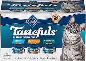 Blue Buffalo Tastefuls Wet Cat Food Pat Variety Pack, Made with Natural Ingredients, Chicken, Turkey & Chicken, Ocean Fish & Tuna Entr es, 5.5-oz Cans (24 Count, 8 of Each)