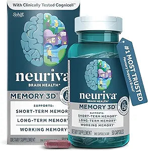 NEURIVA Memory 3D Brain Supplement - Decaffeinated Nootropic Capsules for Memory, Focus, & Cognitive Function - Short Term, Long Term, & Working Memory Support - 50ct