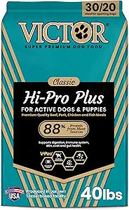 VICTOR Super Premium Dog Food Hi-Pro Plus Dry Kibble High Protein Dog Food with 30% Protein Beef, Chicken, Pork, Fish Meals, Gluten Free - for High Energy and Active Dogs & Puppies, 40lbs