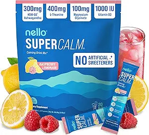 Nello Supercalm Powdered Drink Mix, Cortisol Reducer and Sleep Aid Supplement, L Theanine, Ksm-66 Ashwagandha, Magnesium Glycinate, Vitamin D 3, No Sugar, Non GMO, On The Go, 20 Ct, Raspberry Lemonade