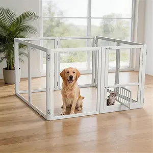 Acrylic Dog Playpen with Door, 27.9 Height, Heavy Duty Clear Pet Pen, Dog Fence Crate Kennel Whelping Cage, Ideal for Small to Medium Dogs, Cats, and Other Small Pets (White)