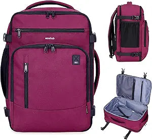 ECOHUB 17' Small Travel Backpack, United Airlines Personal Item Bag 17x10x9 with 16 Pockets, Water Resistant Rucksacks Fit 15.6' Laptop, AirTag Pocket, Lightweight Casual Daypack, 25L, Red