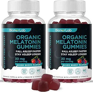 BionerLab Melatonin Gummies (30mg) Enhanced with L-theanine & Vitamin B6 for Adult Women Men - Extra Strength Chewables Calm Gummy - Gluten Free