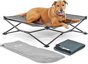 Coolaroo On-The-Go Elevated Dog Bed Kit Portable & Cooling Travel Cot with HeatShield Fabric for Large Dogs, Lightweight & Compact, Includes Matching Carry Bag & Pacific Blue Bonus Cover, Large
