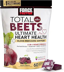 Force Factor Total Beets Ultimate Heart Health Chews for Blood Pressure Support, with Beetroot Powder, CoQ10, B Vitamins & Grapeseed Extract for Blood Flow & Energy, Black Cherry, 60 Soft Chews