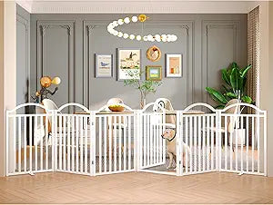 BHG Metal No-Assembly Freestanding Dog Gate with Door Walk Through, Extra Wide 144', Extra Tall 32' Pet Gate, Accordion Puppy Folding Playpen Dog Fence for Indoor & Outdoor, with 2PCS Support - White