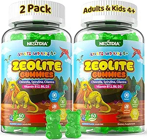 Zeolite Natural Detox Gummies for Kids & Adults, Calcium + Multivitamin B12 B6 D3 C, Zinc for Bone, Brain, Focus, Immune, Energy, Sugar Free Spirulina Chlorella Gummies for Gut Cleanse, 2 Pack