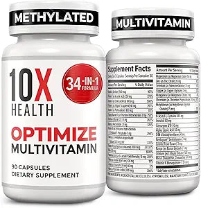 10X Health Optimize Methylated Multivitamin for Men - 90 Capsules, 34 in 1 Formula with 800 mcg of Vitamin B12, 5-MTHF, NAC - Methyl B Complex