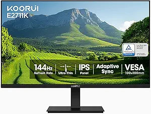 KOORUI 27 Inch Gaming Office Monitor 144Hz IPS Display, FHD 1080P with FreeSync, Eye Care T V Rheinland Certified with Slim Bezels, HDMI VGA Ports, Ergonomic Tilt, VESA Mount, Black