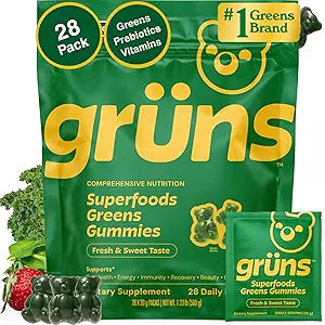 Gruns Adult Super Greens Multivitamin Gummies, Superfood Gummy Vitamins for Women and Men with Spirulina, Chlorella, Adaptogens & Prebiotic Fiber for Digestive Health (28 Count)