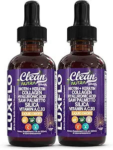 Biotin Liquid Drops Collagen Keratin Hyaluronic Acid Saw Palmetto for Hair Skin and Nails Silica Vitamin A C Vitamin D Bamboo Turmeric Zinc Folate Magnesium Horsetail LuxGlo by Clean Nutra - 2Pack