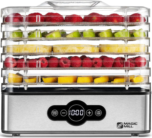 Magic Mill Food Dehydrator Machine | 5 Stackable Stainless Steel Trays, 48H Digital Adjustable Timer & Temperature Control Upto 167 Electric Dryer & Preserver for Jerky, Fruit, Dog Treats & Much More