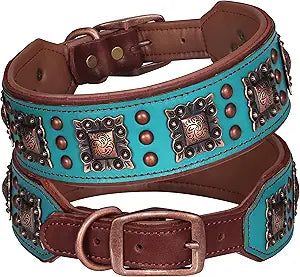 PET ARTIST Soft Padded Leather Dog Collar, 2 inch Wide Genuine Leather Dog Collars with Stylish Studded Rivet & Metal Buckle, Luxury & Adjustable Pet Collars for Medium Dogs,Green,Neck 16-19