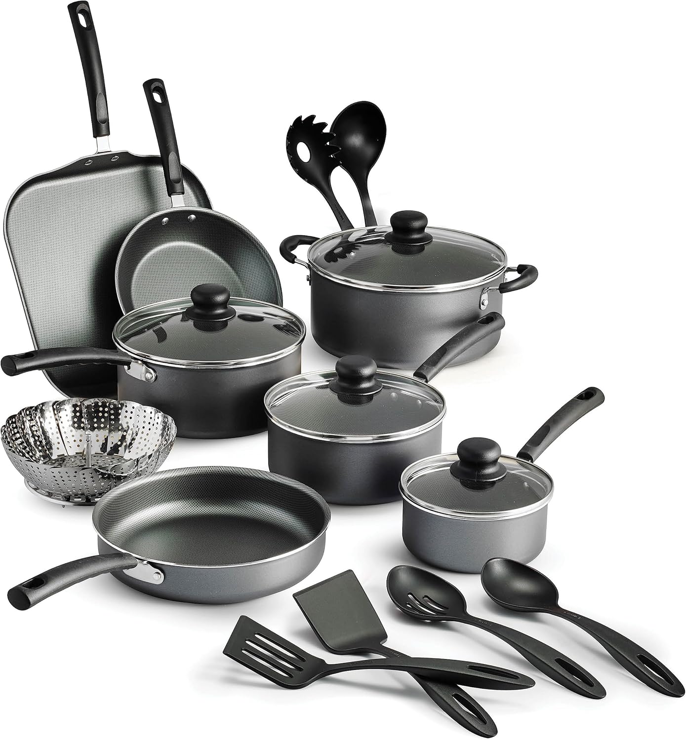 18 Piece Nonstick Cookware Set - Gray - Aluminum Construction, Dishwasher Safe, Compatible with Gas, Electric, Ceramic Cooktops - Includes Saut Pans, Griddle, Dutch Oven, Cooking Utensils